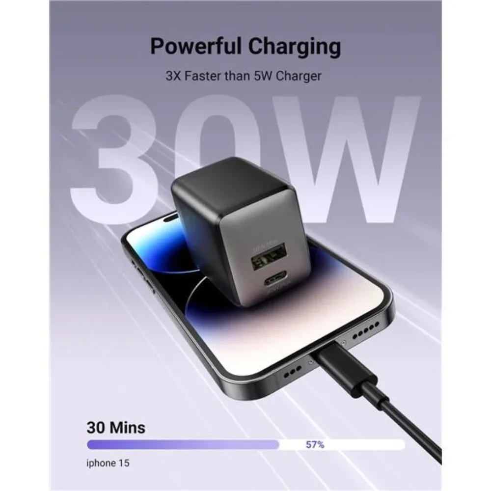 USB C Fast Charging Charger, 30W Dual-Port GaN Nano Charger with Foldable Plug